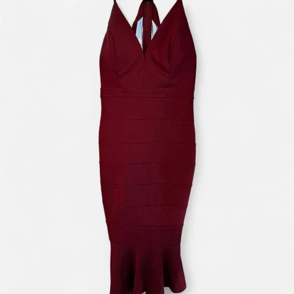Emerald Sundae Womens Banded Bodycon Dress with v-neckline in burgundy/red - Picture 1 of 6